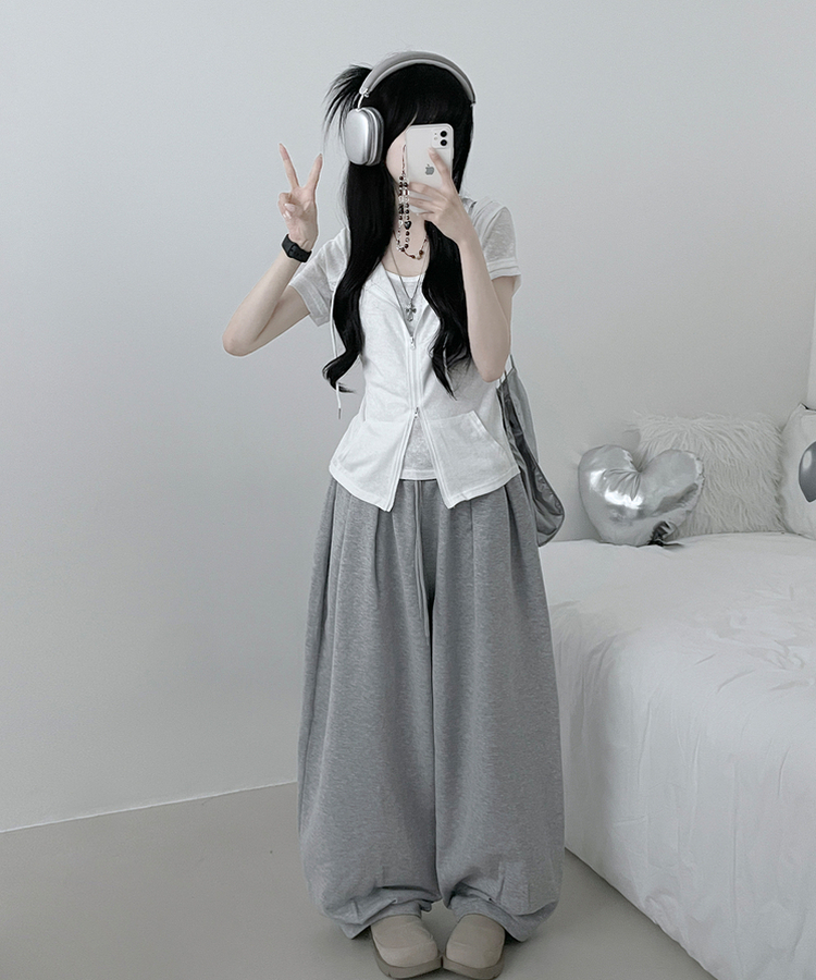 キャミソールレイヤードフード半袖ジップアップ｜ジャンパー｜韓国