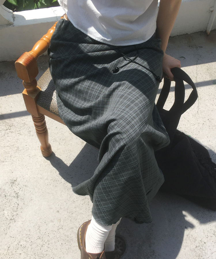 チェックシフォンストリングロングスカート DEEP GREEN