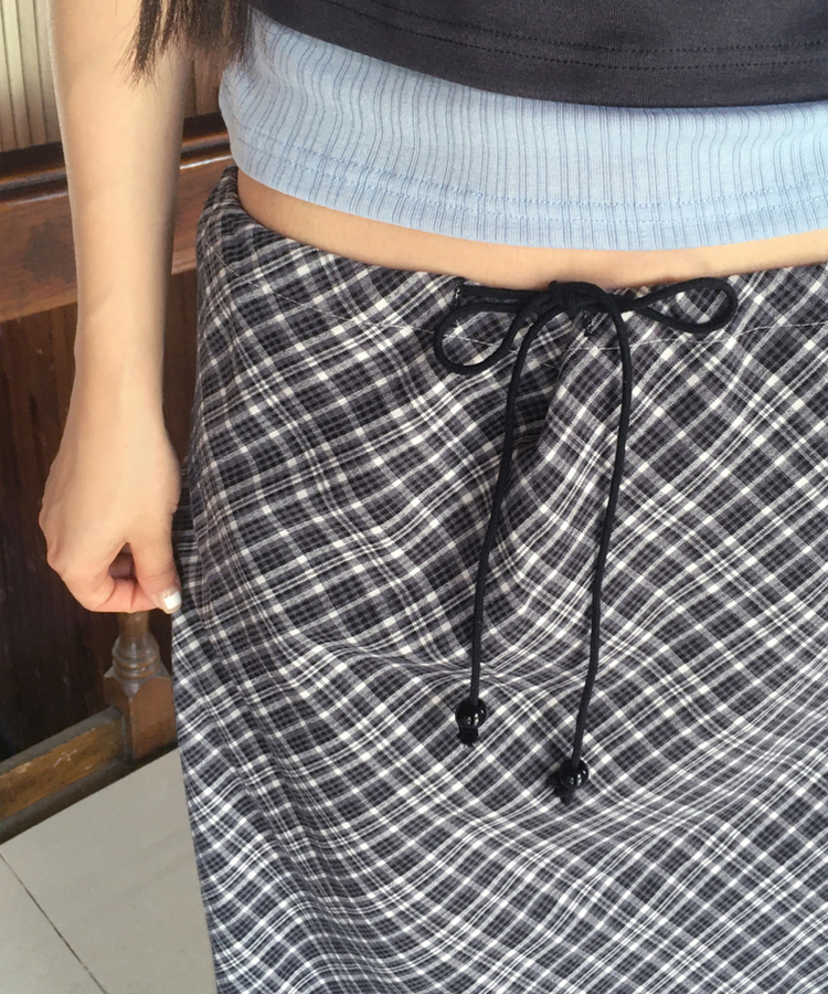 チェックシフォンストリングロングスカート BLACK