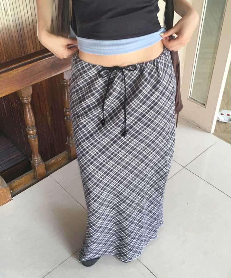 チェックシフォンストリングロングスカート BLACK