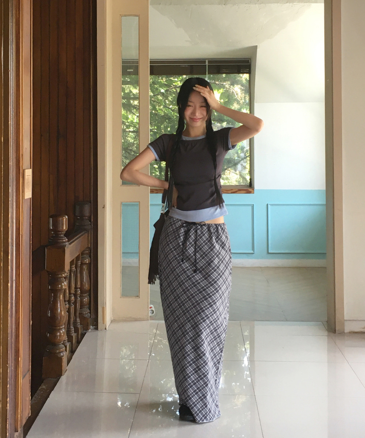 チェックシフォンストリングロングスカート BLACK