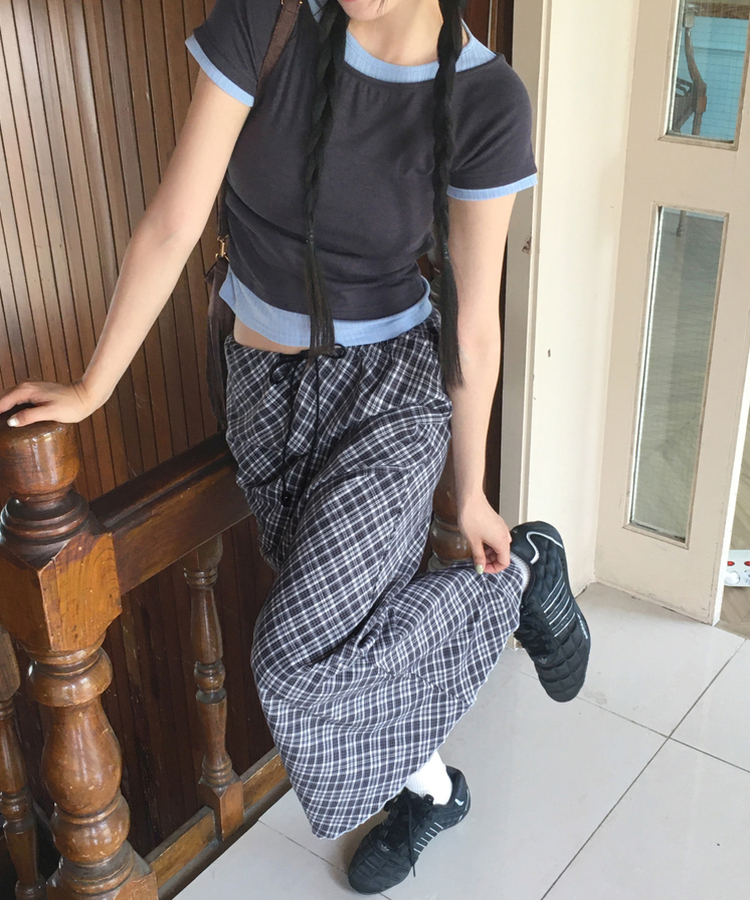 チェックシフォンストリングロングスカート BLACK