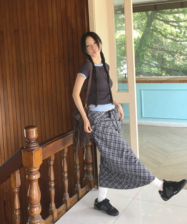 チェックシフォンストリングロングスカート BLACK