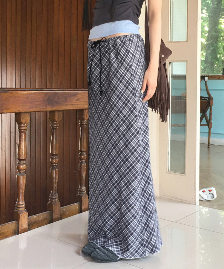 チェックシフォンストリングロングスカート BLACK