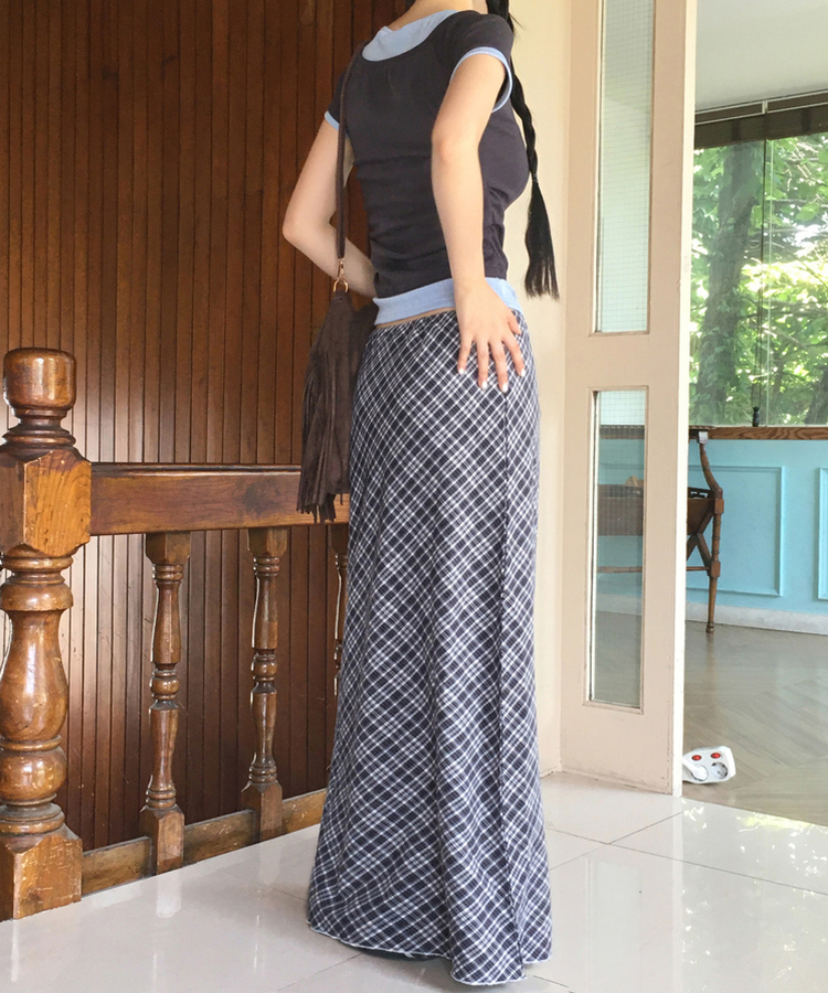 チェックシフォンストリングロングスカート BLACK