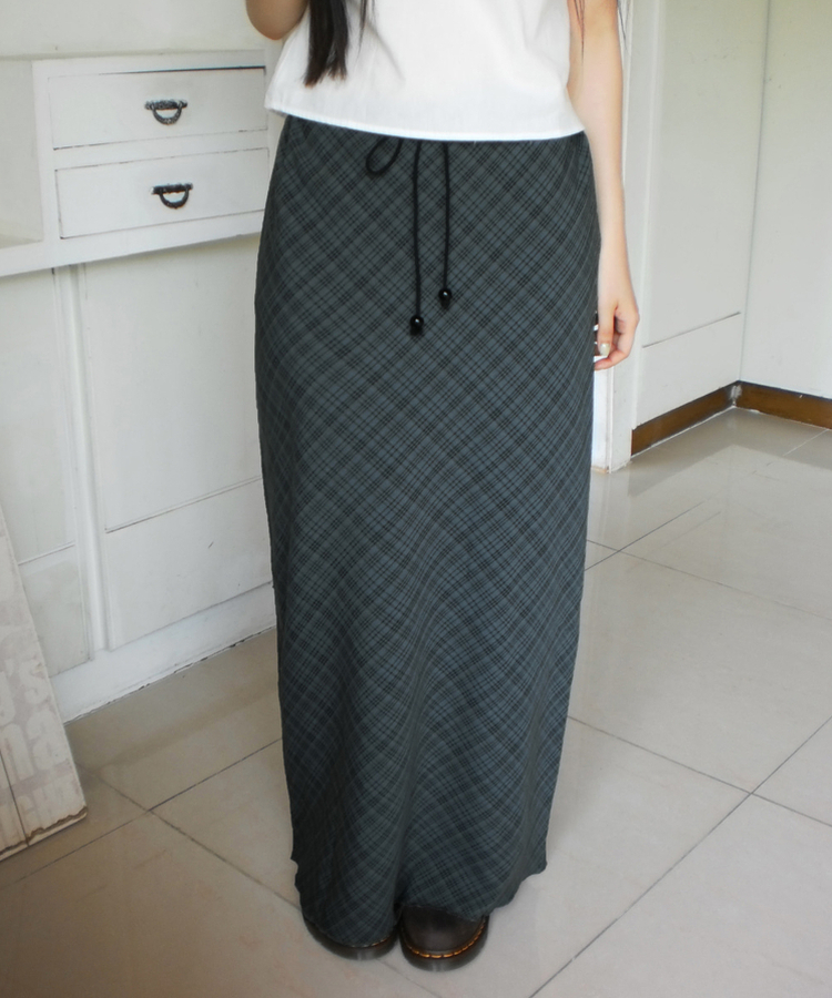 チェックシフォンストリングロングスカート DEEP GREEN