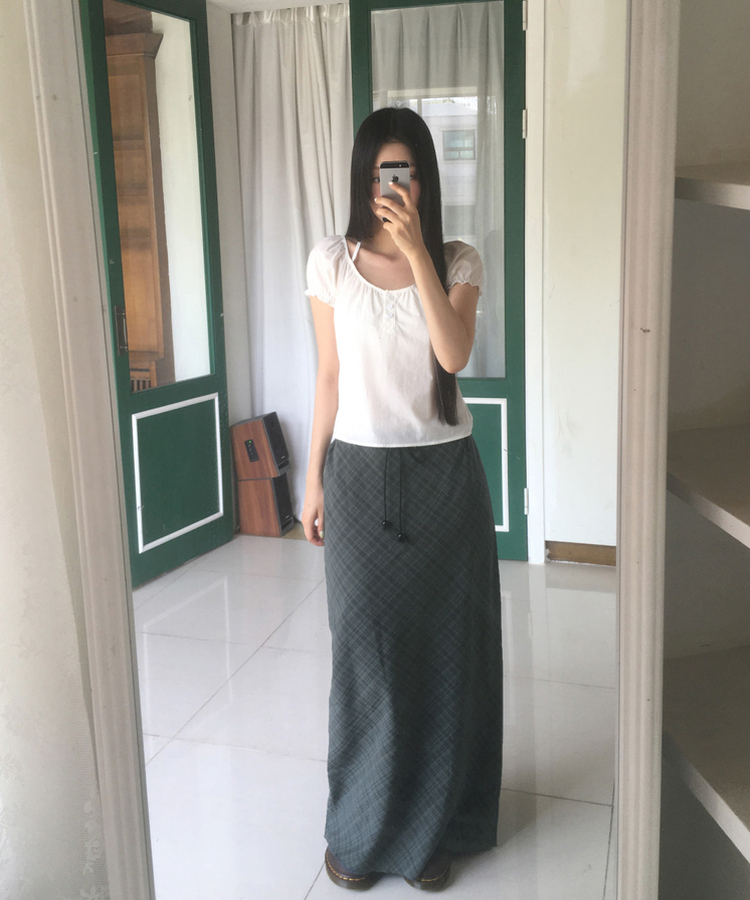 チェックシフォンストリングロングスカート DEEP GREEN