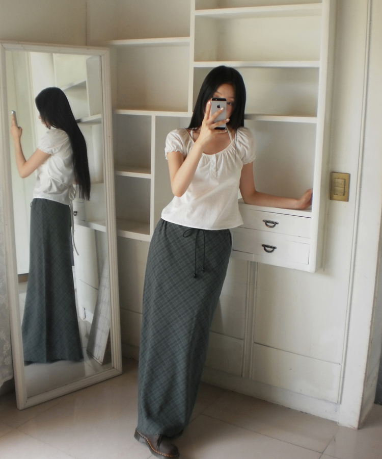 チェックシフォンストリングロングスカート DEEP GREEN