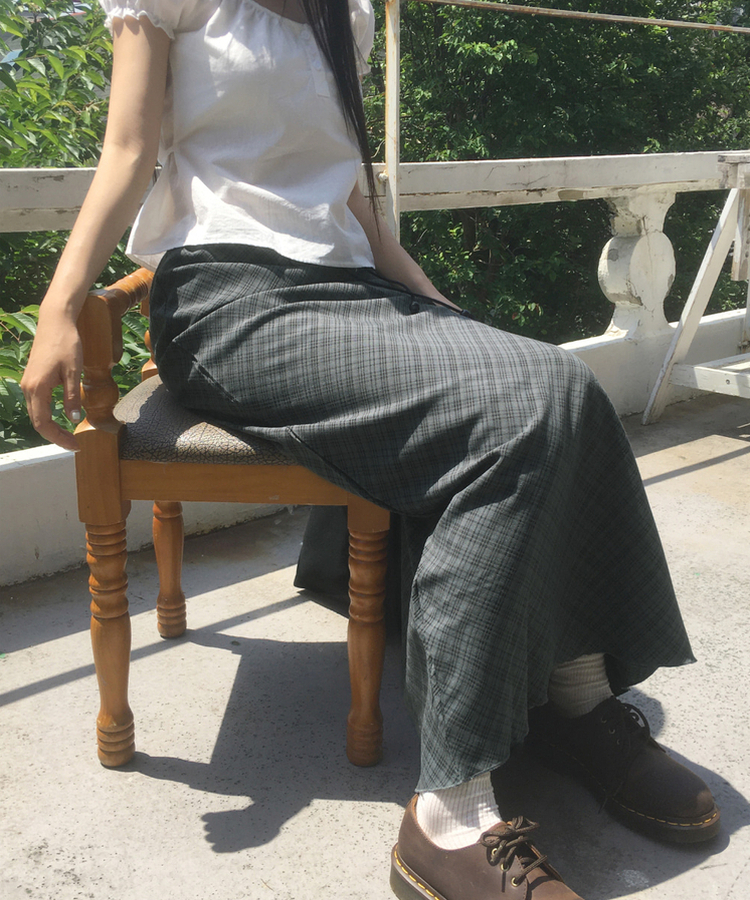 チェックシフォンストリングロングスカート DEEP GREEN