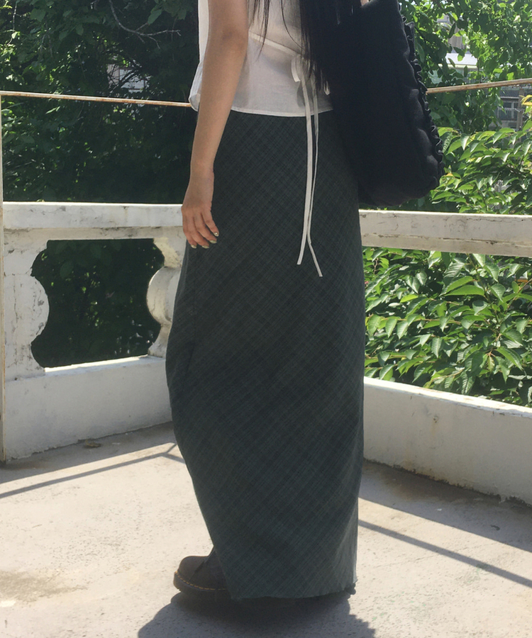 チェックシフォンストリングロングスカート DEEP GREEN