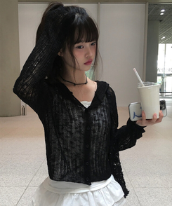 カーディガン シースルーフードクロップカーディガン BLACK