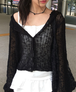 カーディガン シースルーフードクロップカーディガン BLACK