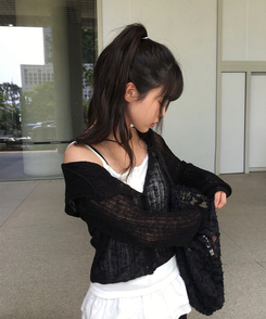 カーディガン シースルーフードクロップカーディガン BLACK