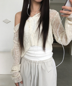 カーディガン シースルーフードクロップカーディガン IVORY