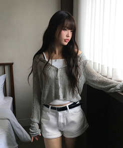 カーディガン シースルーフードクロップカーディガン KHAKI