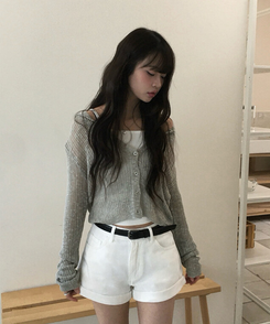 カーディガン シースルーフードクロップカーディガン KHAKI