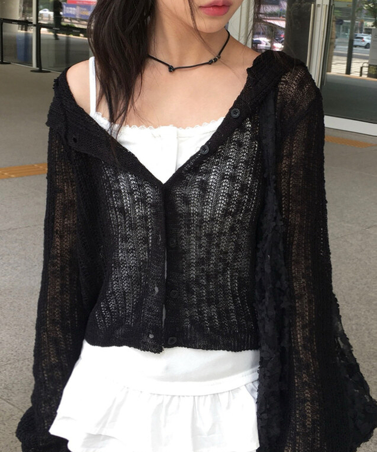 シースルーフードクロップカーディガン BLACK