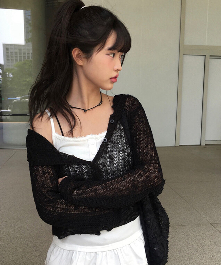 シースルーフードクロップカーディガン BLACK
