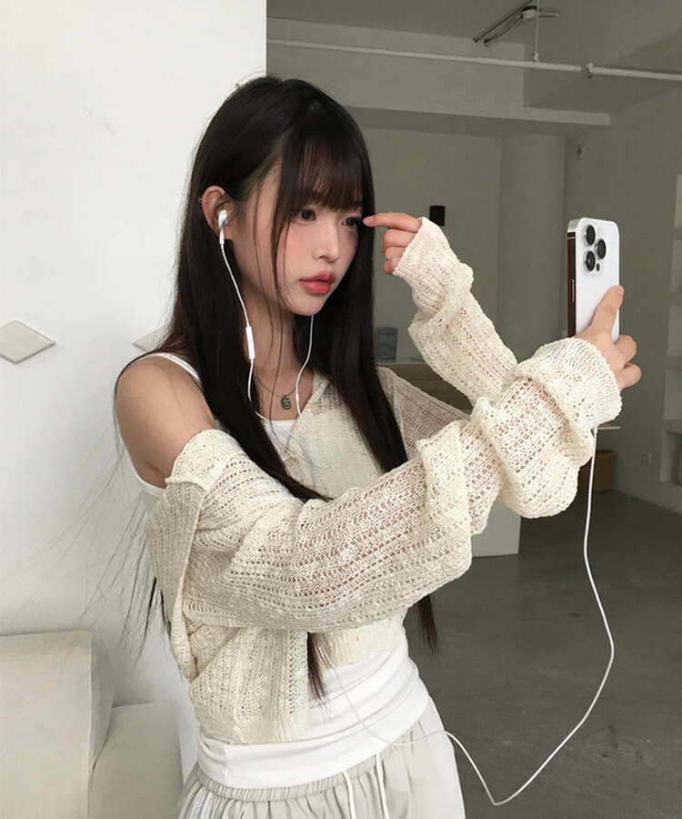 シースルーフードクロップカーディガン IVORY