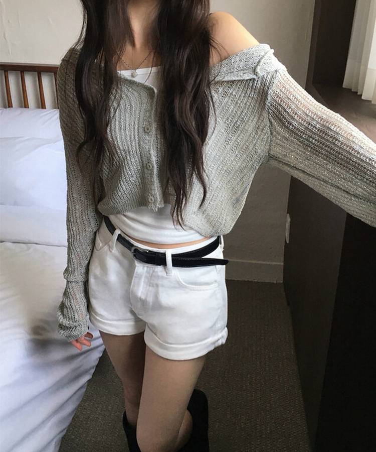 シースルーフードクロップカーディガン KHAKI
