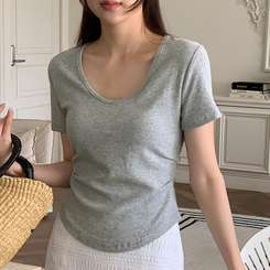 半袖Tシャツ ジェーン スリムフィット サイドシャーリング Uネック 半袖Tシャツ GRAY