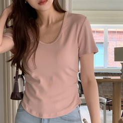 半袖Tシャツ ジェーン スリムフィット サイドシャーリング Uネック 半袖Tシャツ PINK