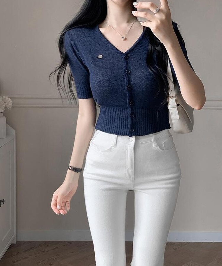 クロップ半袖カーディガン(5color) NAVY