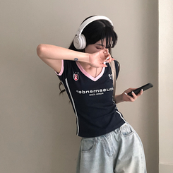半袖Tシャツ ラインVネッククロップ半袖Tシャツ NAVY