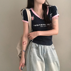 半袖Tシャツ ラインVネッククロップ半袖Tシャツ NAVY