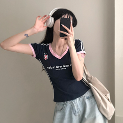 半袖Tシャツ ラインVネッククロップ半袖Tシャツ NAVY
