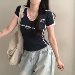 半袖Tシャツ ラインVネッククロップ半袖Tシャツ NAVY