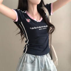 半袖Tシャツ ラインVネッククロップ半袖Tシャツ NAVY