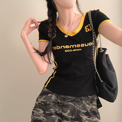 半袖Tシャツ ラインVネッククロップ半袖Tシャツ BLACK