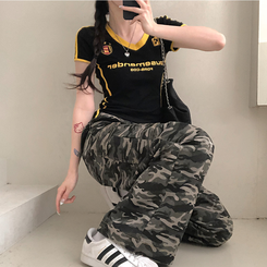 半袖Tシャツ ラインVネッククロップ半袖Tシャツ BLACK