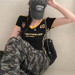 半袖Tシャツ ラインVネッククロップ半袖Tシャツ BLACK