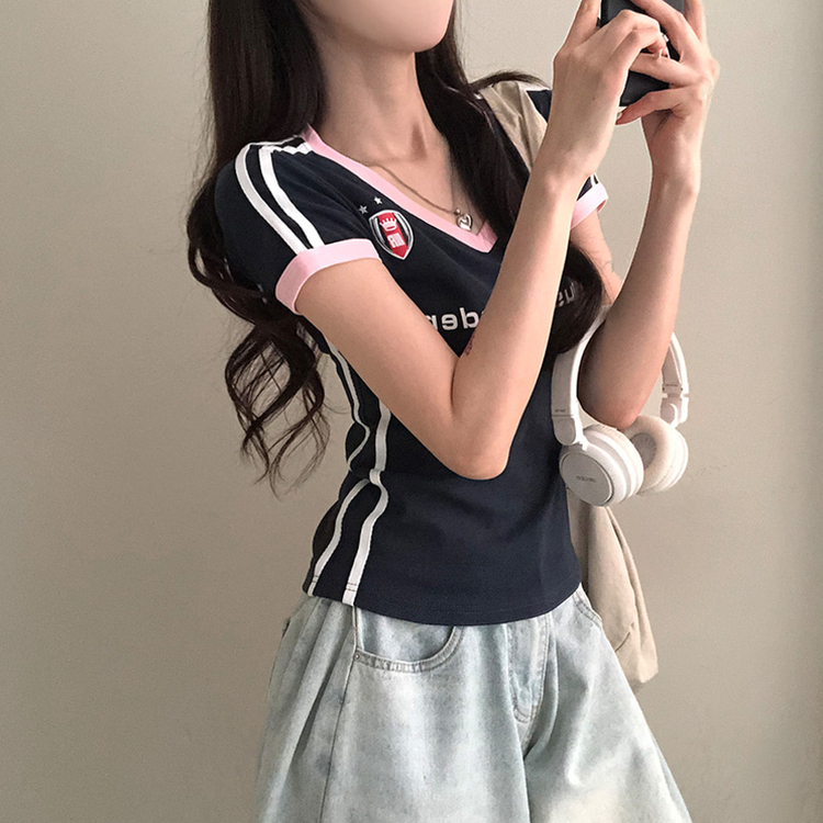 ラインVネッククロップ半袖Tシャツ NAVY
