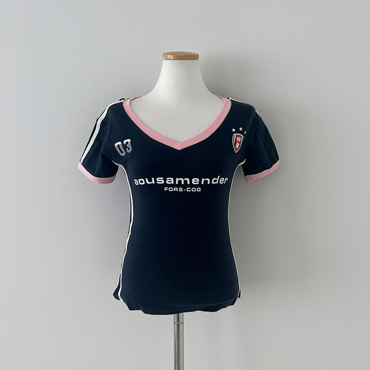ラインVネッククロップ半袖Tシャツ