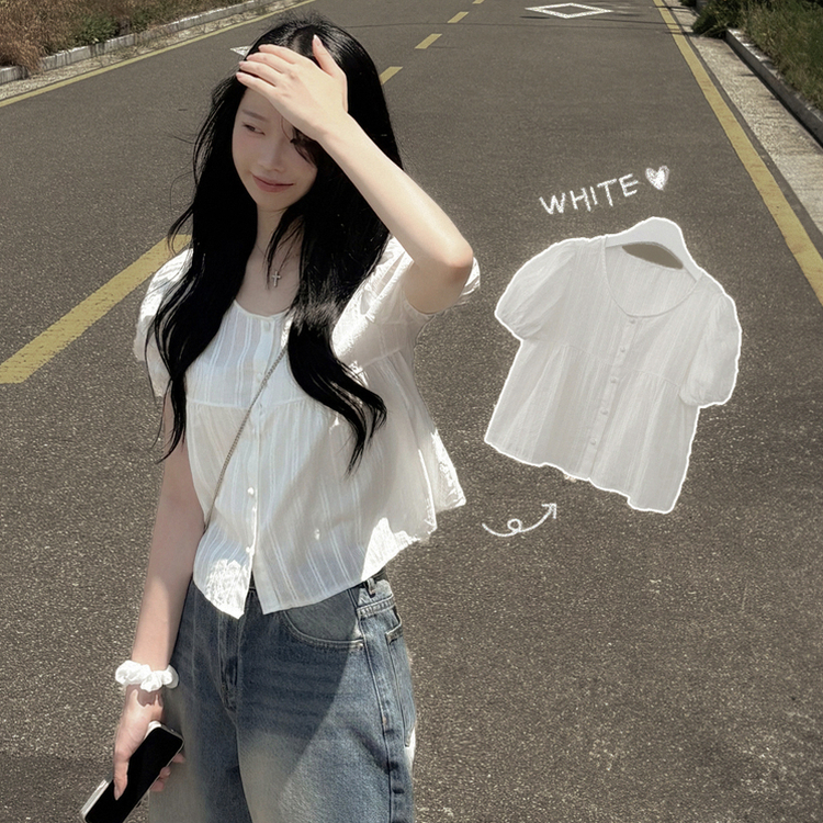 [러블리] 콩단추 레이스 펀칭 퍼프 반팔 블라우스 화이트 블랙 화이트