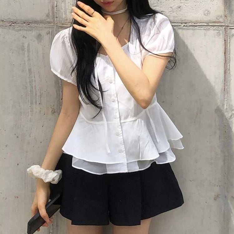 【マフラー付き】スクエアパフブラウス IVORY