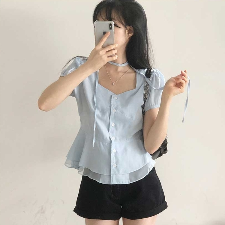 【マフラー付き】スクエアパフブラウス SKY BLUE