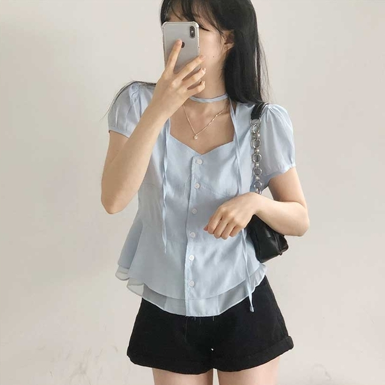 【マフラー付き】スクエアパフブラウス SKY BLUE