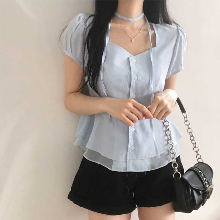 【マフラー付き】スクエアパフブラウス SKY BLUE