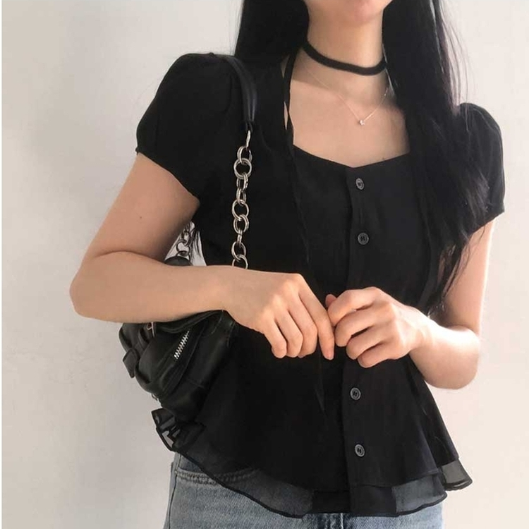 【マフラー付き】スクエアパフブラウス BLACK