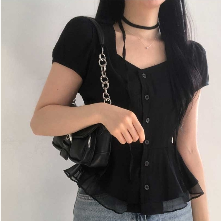 【マフラー付き】スクエアパフブラウス BLACK