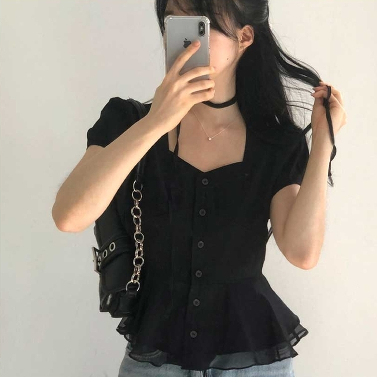 【マフラー付き】スクエアパフブラウス BLACK