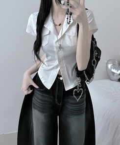 半袖Tシャツ キャップスリーブボタンTシャツ IVORY
