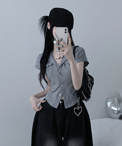 半袖Tシャツ キャップスリーブボタンTシャツ GREY