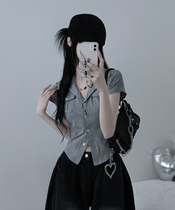 半袖Tシャツ キャップスリーブボタンTシャツ GREY