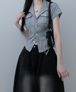 半袖Tシャツ キャップスリーブボタンTシャツ GREY