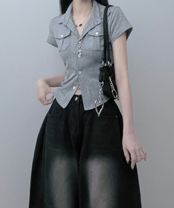 半袖Tシャツ キャップスリーブボタンTシャツ GREY